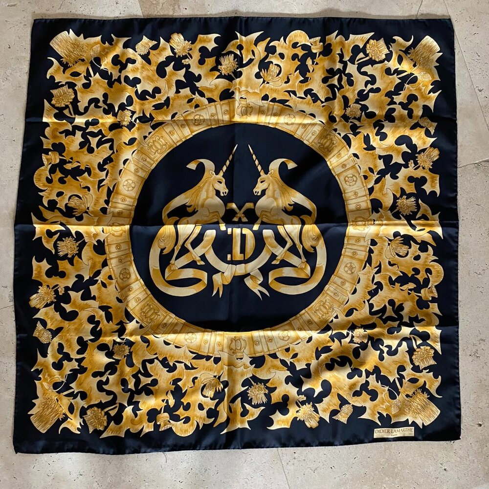 Vintage Didier Lamarthe Paris Square Scarf 35" x 35" Black and Gold, Unicorns